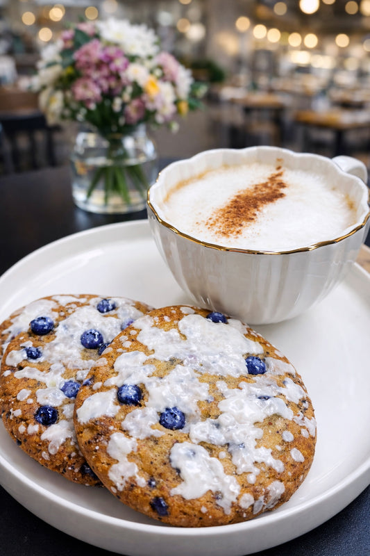 Monshe Blueberry Lemon cookies with glaze beside a cup of coffee