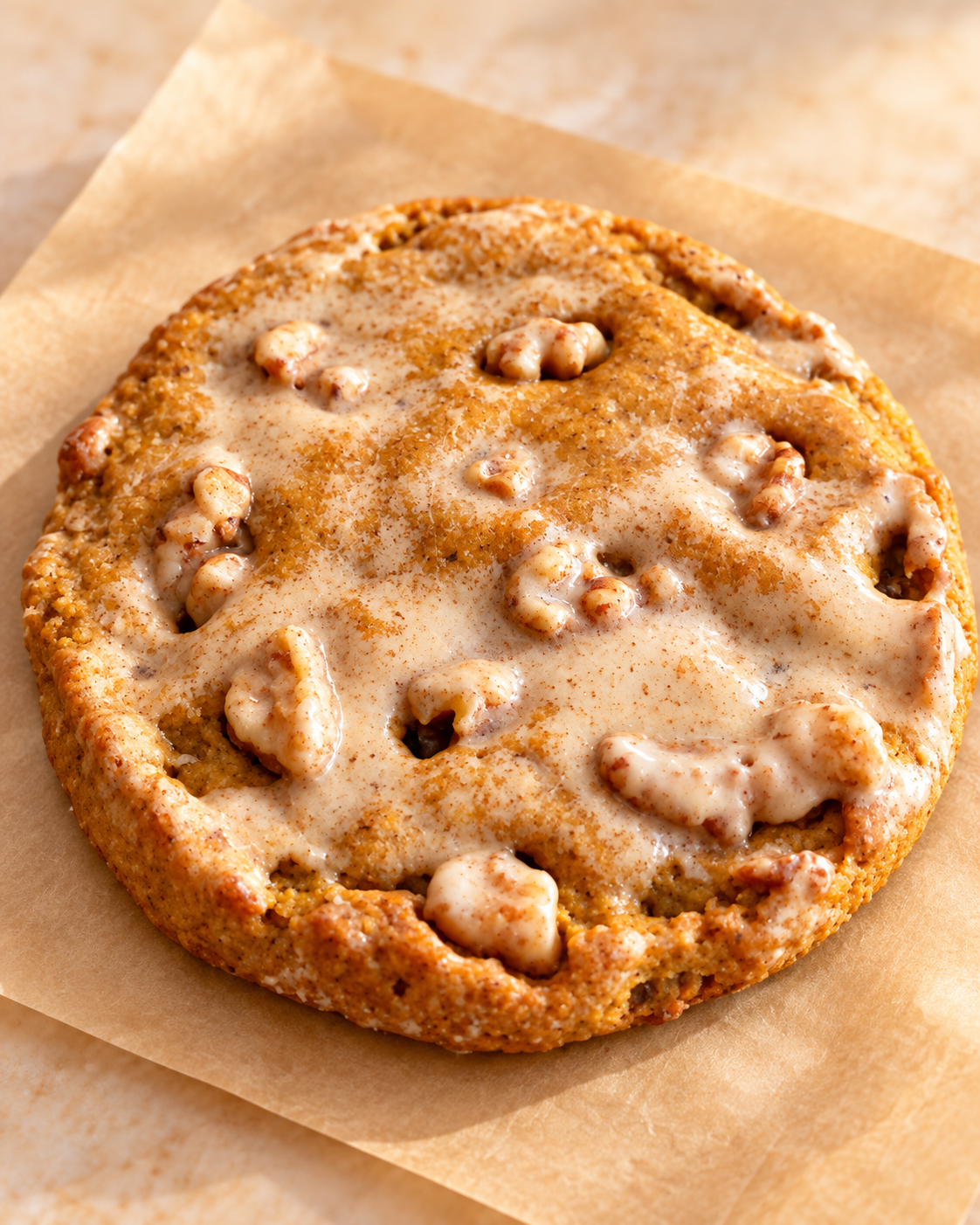Monshe Pumpkin Spice Walnut cookie with icing and walnut pieces